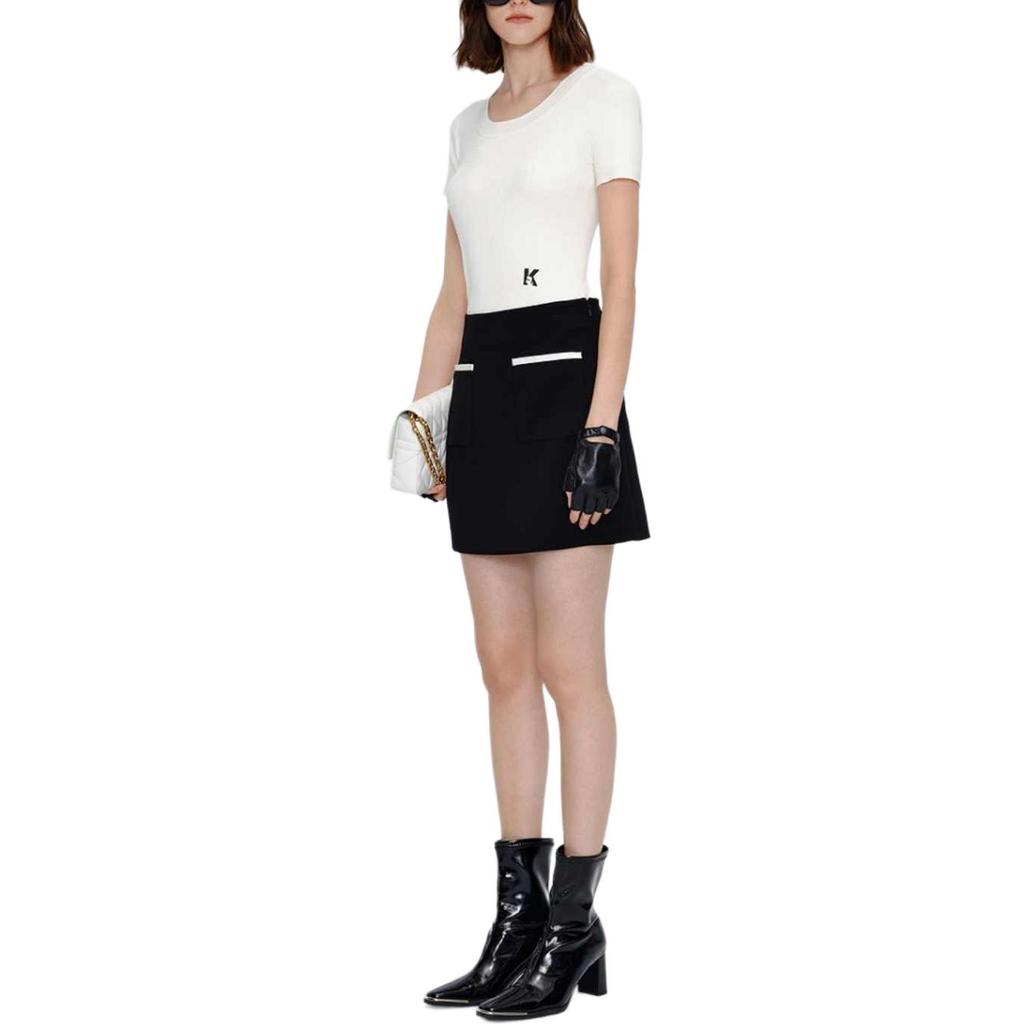 Karl Lagerfeld French Elegant Daily Commuting Dating Outfit Light Luxury Solid Color Round Neck Short Sleeve Knit Top Women Tops Off-white M21L2339