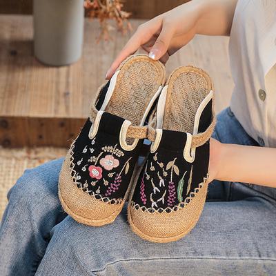 Zomer etnische stijl geborduurde slippers dames rundpees zolen kunnen buiten gedragen worden stoffen schoenen dames handgeweven linnen stro schoenen