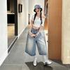 Fashion Summer Vintage High Waist Wide Leg Whiskered Straight Denim Cropped Capri Pants Trendy Versatile Slimming Cut For Daily Matching