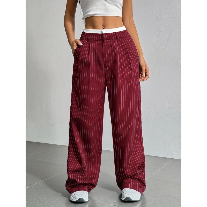 High-Waisted Wide-Leg Striped Trousers Women Office Chic Straight Cut Pants With Pockets Lightweight Stretch Fit