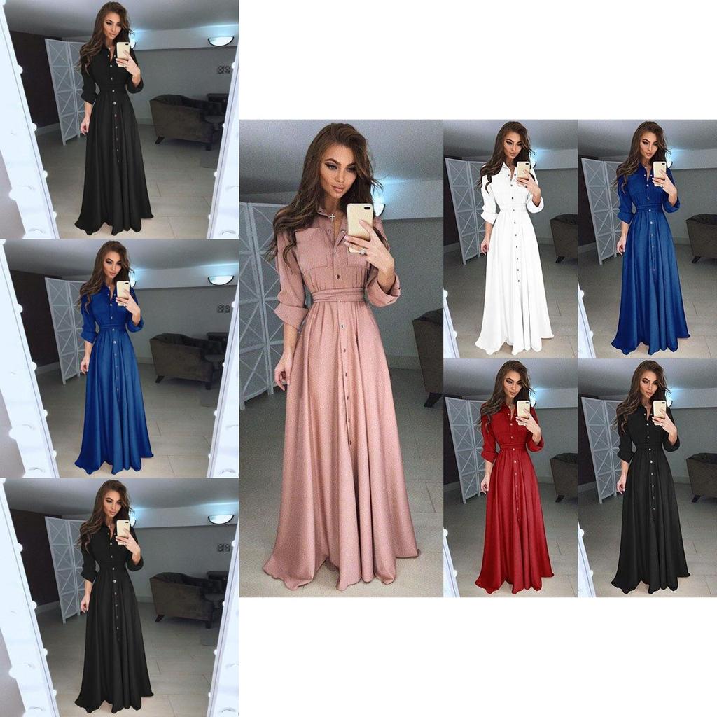Sleeve Women Long Button Dowm Maxi Dress Evening Party Casual Shirt Dress