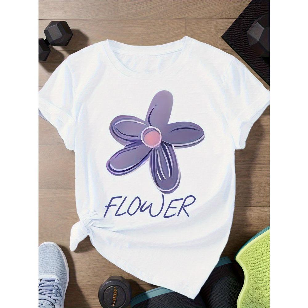 Women's casual and comfortable printed T-shirt breathable round neck short sleeved top with purple flower design aesthetic clothing