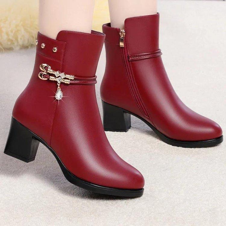 Women's Boots 2025 Winter New Collection Plush Cotton Boots Women's Pearl Middle Heel Boots Middle Heel Boots Thick Heel Women's