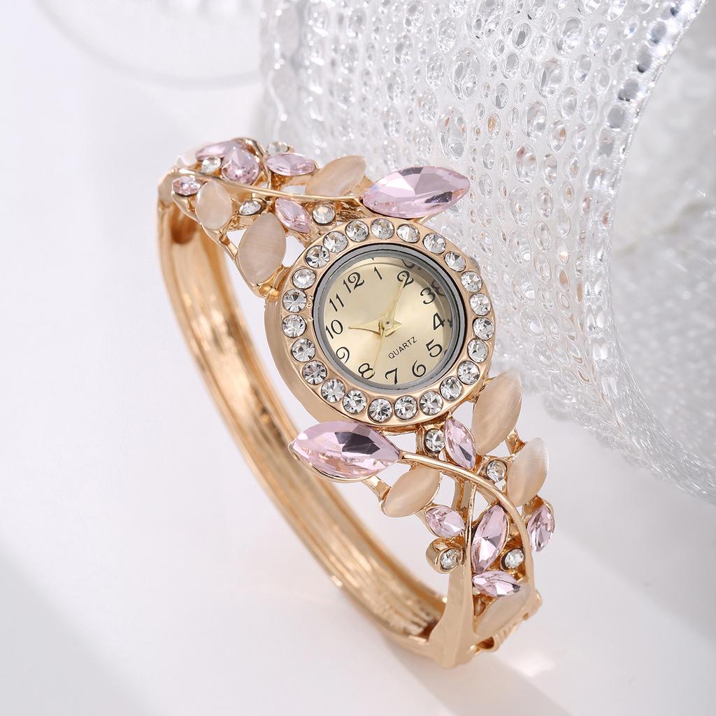 Korean Women's Rhinestone Leaf Quartz Watch Decorative Bracelet Wristwatch