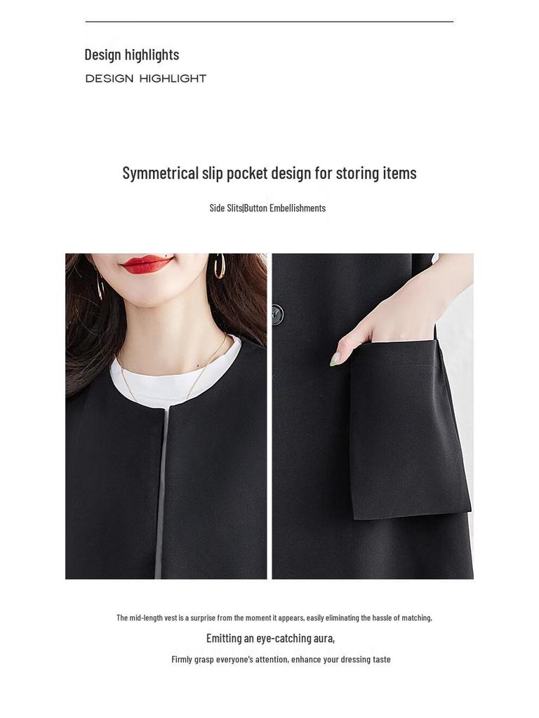 Sisbasher Women's Fall 2025 Commuter One-Button Round Neck Mid-Length Slit Vest