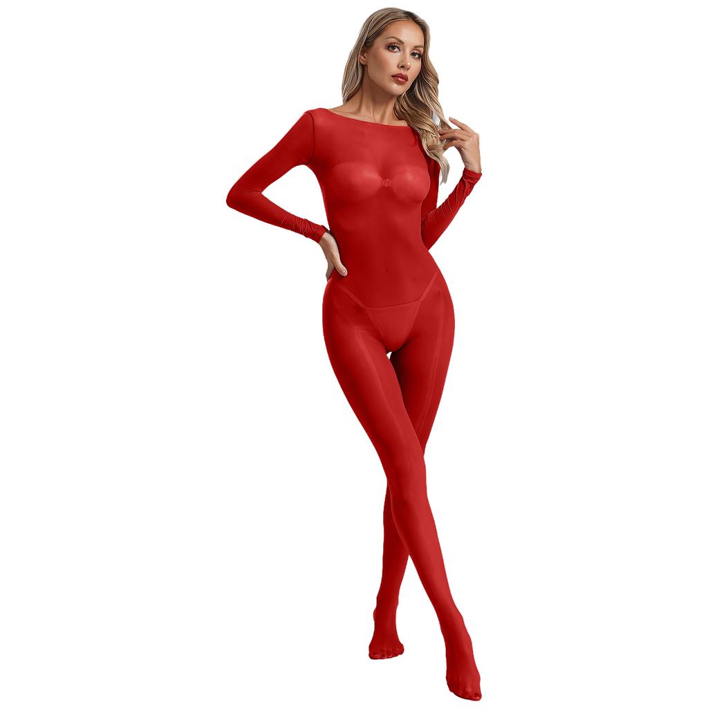 Womens See Through Elastic Footed Bodysuit Long Sleeve Silky Jumpsuit