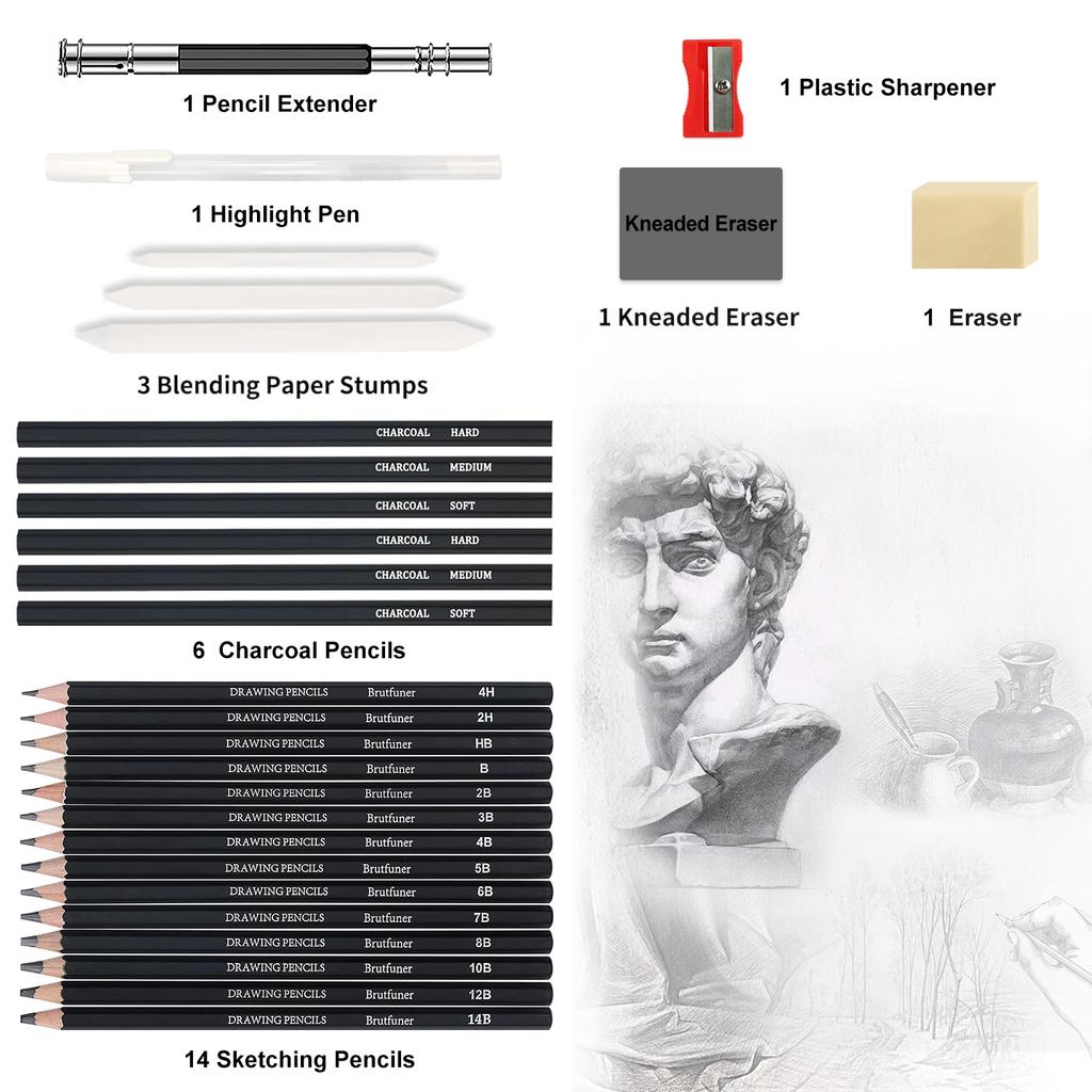 20/38/42/48 Pcs Sketch Pencil Set Sketching Kit Roll Up Canvas Wrap Bag Drawing Art Supplies Charcoals Kneaded Eraser PencilCase