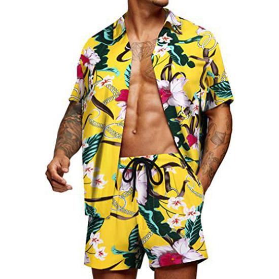 Spring and Summer Loose Beach Casual Men's Clothing Floral Print Fashion Top Shirt Set