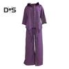 Women's Cotton-Linen Two Piece Outfit Long Sleeve Lapel Button Down Top Matching Wide Leg Pants Casual Loungewear Set