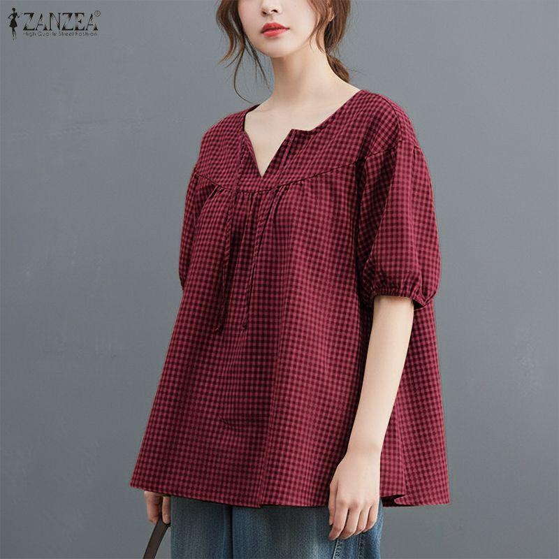ZANZEA Women Plaid Print Casual Round Neck Half Sleeve Blouse