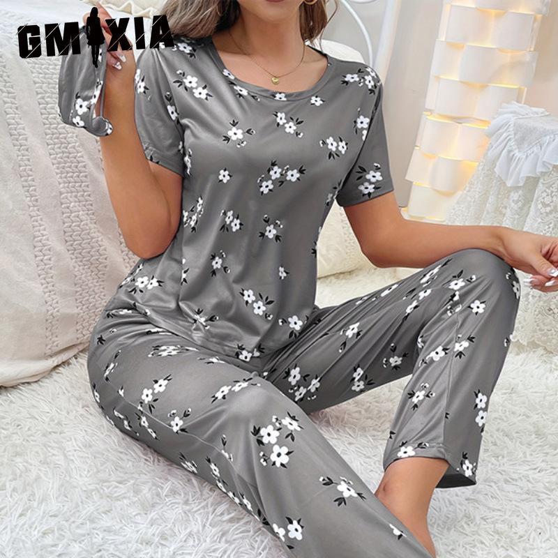 

GMXIA Женский домашний костюм с круглым вырезом, короткими рукавами и длинными брюками, с принтом маски для глаз, комплект из 3 предметов XXL серый