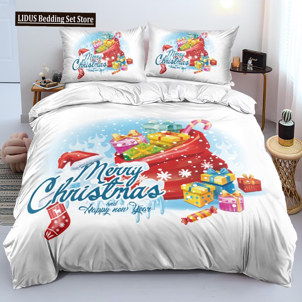 Set husă de plapumă și față de pernă 3D Crăciun Fericit(s) Set Huse Pilotă King/Queen/Double Seturi de Lenjerie de Pat 3D Mărime Queen 2/3 piese