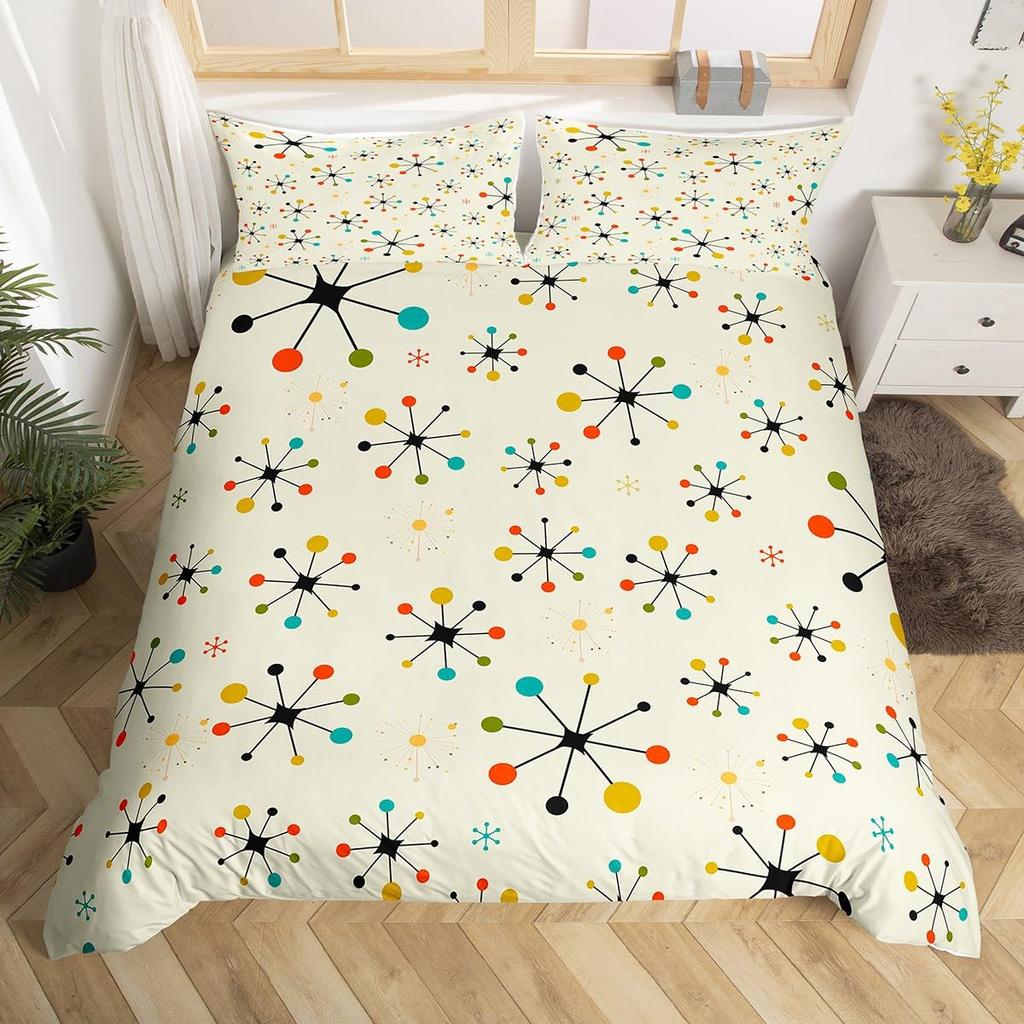 Cartoon Atomic Comforter Cover Modern Mid Century Bed Set, Geometric Polka Dots Duvet Cover Queen Hippie Abstract Bedding Sets