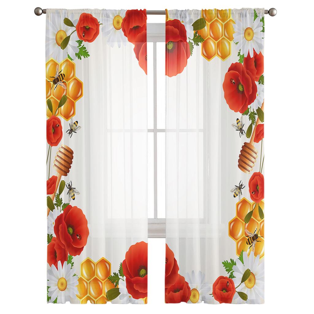 Hive Daisy Poppy Flower Sheer Window Curtains For Living Room Kitchen Children Bedroom Voile Hanging Curtain