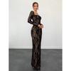 Xiyin Nian Square Neck Lace Splicing Split Fork Waist Skinny Long Sleeve Hip Wrap Zipper Dress