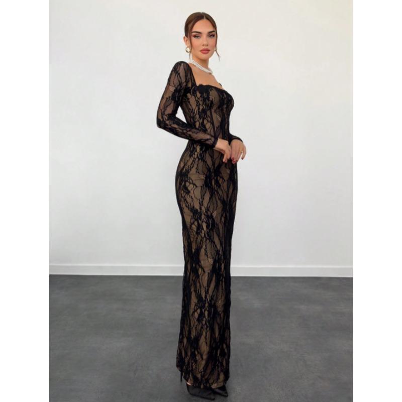 Xiyin Nian Square Neck Lace Splicing Split Fork Waist Skinny Long Sleeve Hip Wrap Zipper Dress