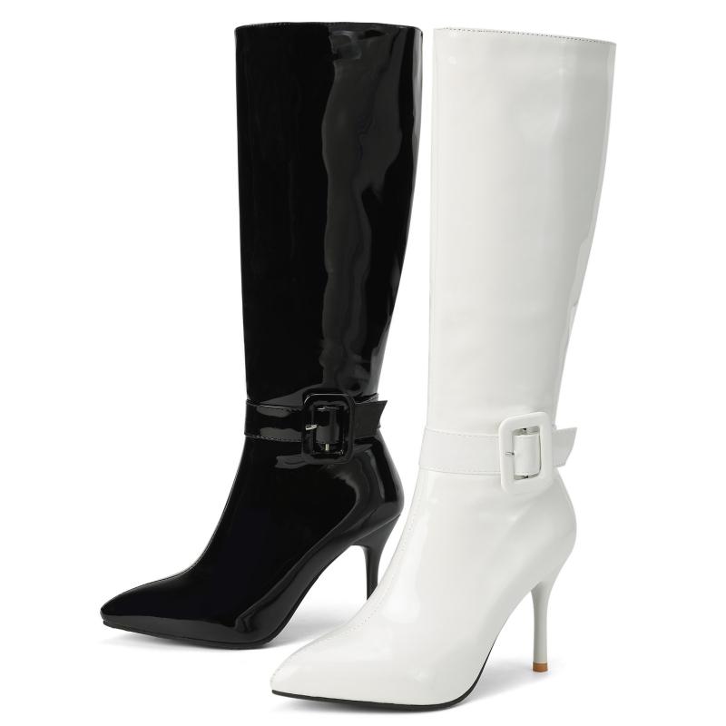 Black White Knee High Boots For Women Sexy PU Leather Winter Long Boot Female Thin High Heels Zipper Party Shoes Large Size 45