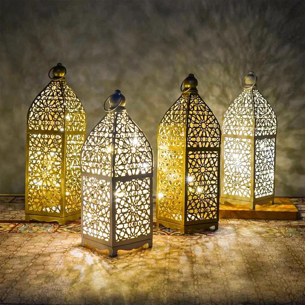 Home Ornament Iron Art Moroccan Night Light Hollow Battery Powered Masjid Lantern Vintage Eid Lamp Mosque