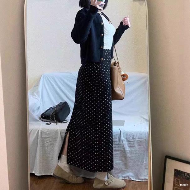 New Autumn/Winter Girls' Black Polka Dot Midi Skirt, Slimming A-line with Split, Perfect for Pear-Shaped Figures