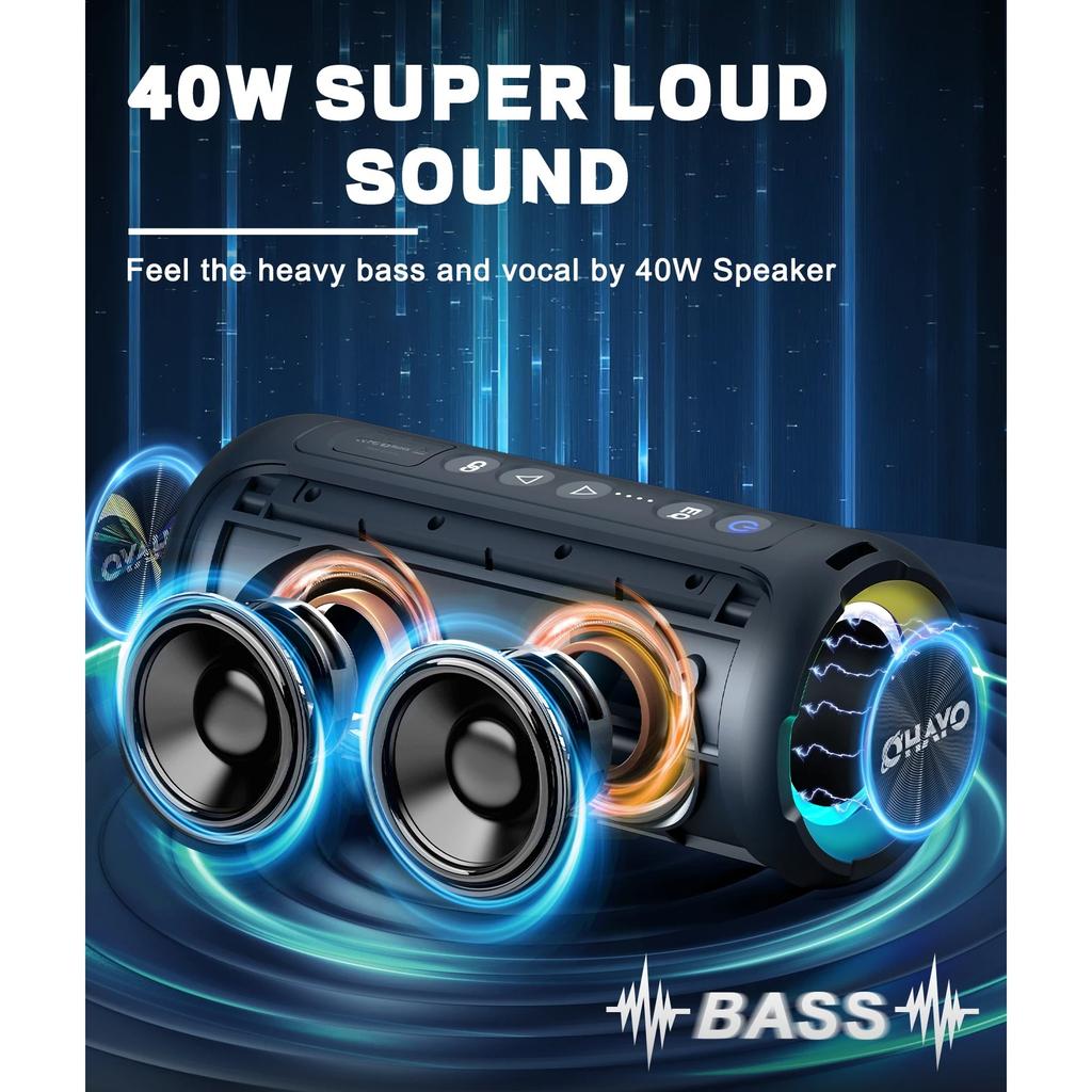 40W Loud Stereo Portable Wireless Bluetooth Speaker, IPX7 Waterproof Shower Speakers, Deep Bass, LED Light, Microphone, True Wireless Stereo
