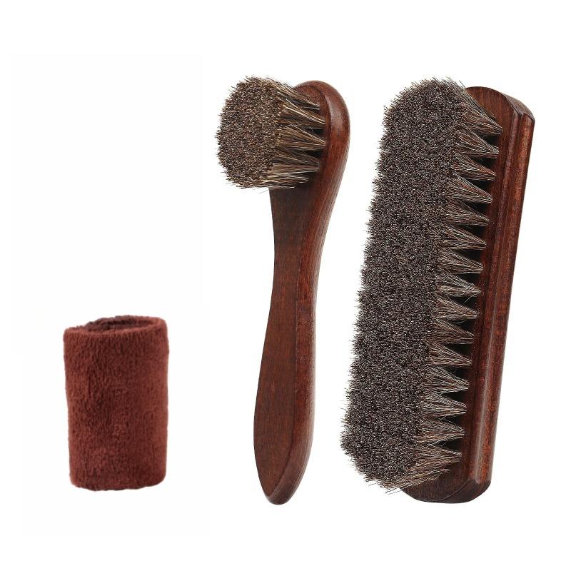 3pcs Horsehair Shoe Brush Kit for Leather Boots Suede Cleaning Polish and Shine with Microfiber Cloth Household Cleaning Tools