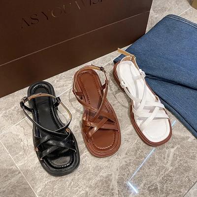 Retro Zomer Damessandalen 2024 Dunne Kruisbandjes Romeinse Schoenen Casual Dikke Lage Hak Sandalen Dames Effen Open Teen Schoenen