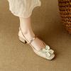 Fashion Women's New Spring/Summer Square Headed Genuine Leather Silk Cowhide Magnolia Multi Pearl Mid Heel Large Headed Muller Sandals