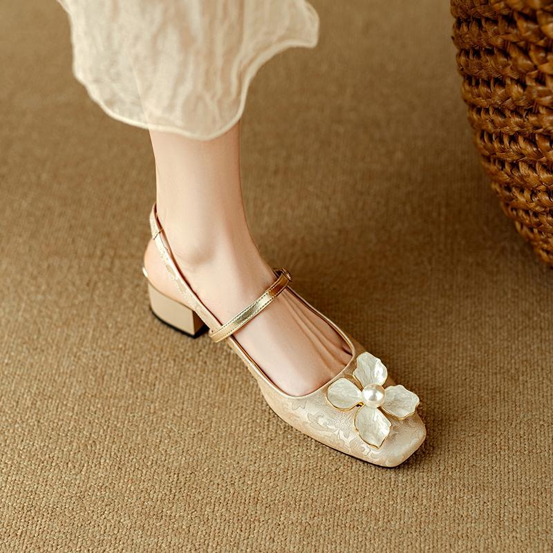 Fashion Women's New Spring/Summer Square Headed Genuine Leather Silk Cowhide Magnolia Multi Pearl Mid Heel Large Headed Muller Sandals
