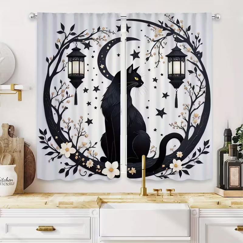 

2pcs Starry Moon Black Cat Curtains with Pole Pocket Design for Privacy Protection, Suitable for Decoration in Various Scenarios 24Wx59L(60x150CM)X2&Rod Pocket