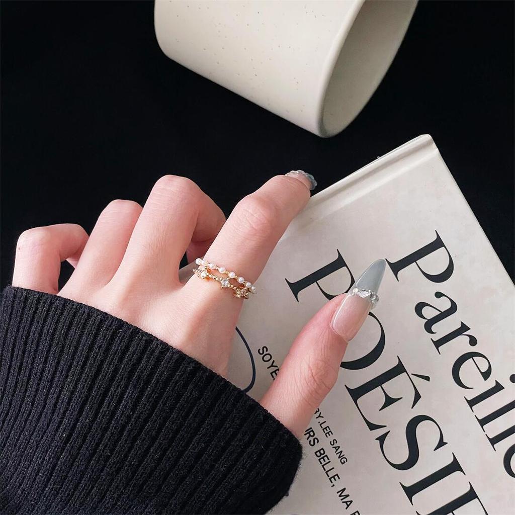 Gold Flower Diamond Zir*****Pen Ring Fashion Flower Niche Design Retro Elegant High Sense Ring Female