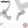 WOSTU Shiny Glass Slipper 925 Sterling Silver Heels Pink Heart Zircon Pendant Charm Fit Original Bracelet Jewelry