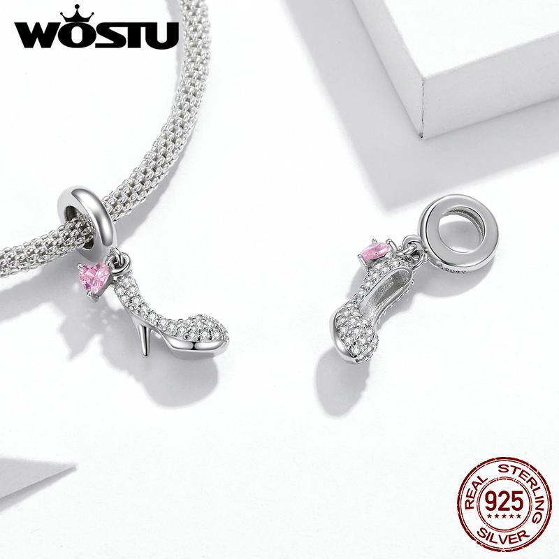 WOSTU Shiny Glass Slipper 925 Sterling Silver Heels Pink Heart Zircon Pendant Charm Fit Original Bracelet Jewelry