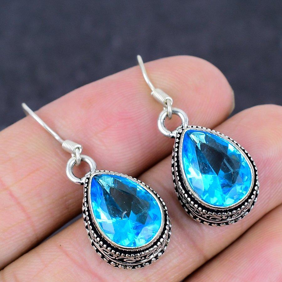 Natural Swiss Blue Topaz Gemstone 925 Sterling Silver Jewelry Earring 1.38" D5h64