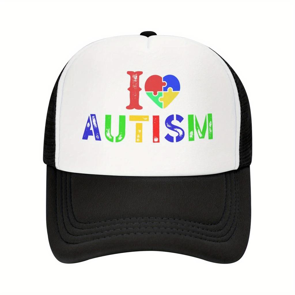 Autism Awareness Puzzle Heart Trucker Hat Adjustable Polyester Mesh Baseball Cap Casual Unisex
