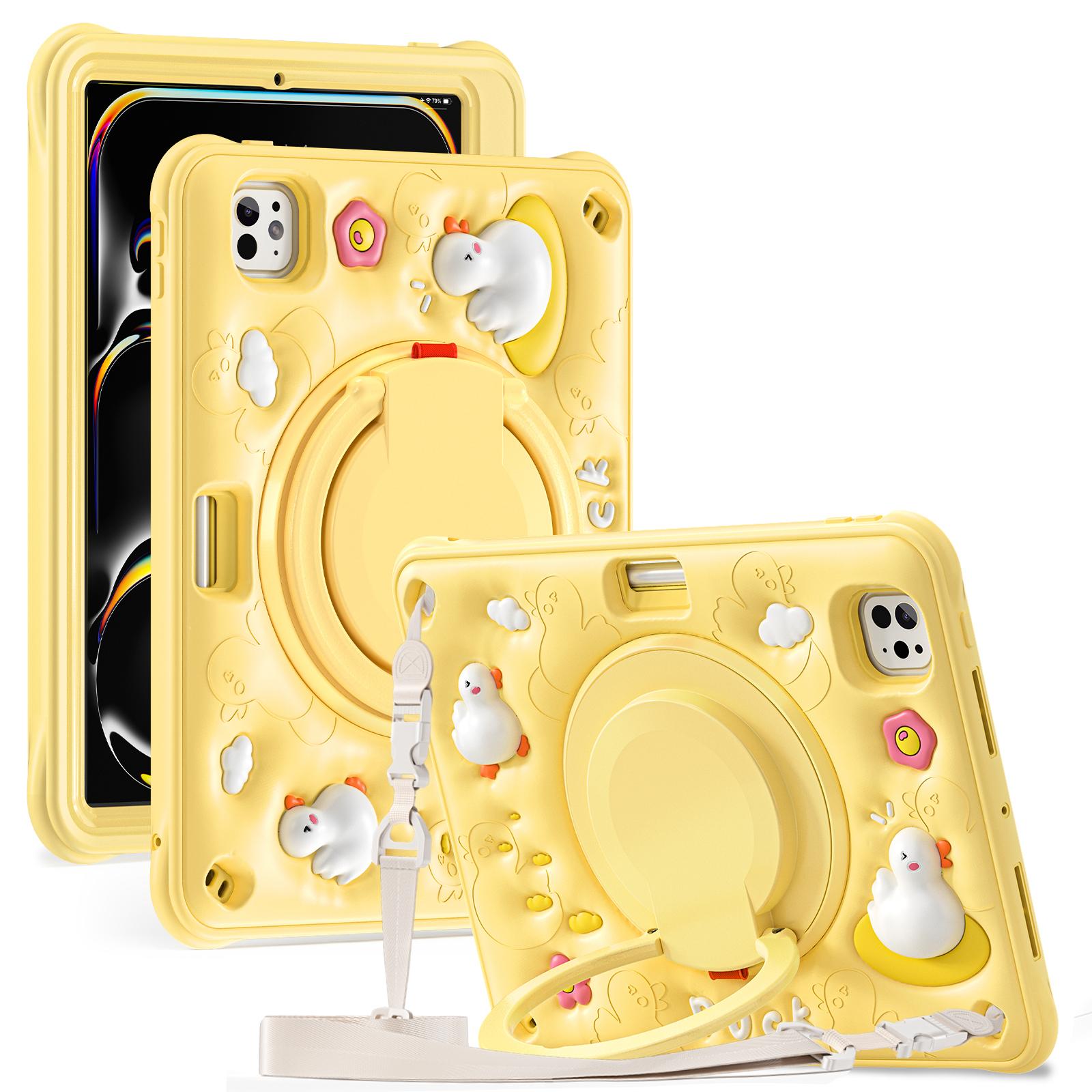 

For iPad Pro 11 (2024) Case with Shoulder Strap Cartoon Duck Kickstand PC+Silicone+TPU Tablet Cover A