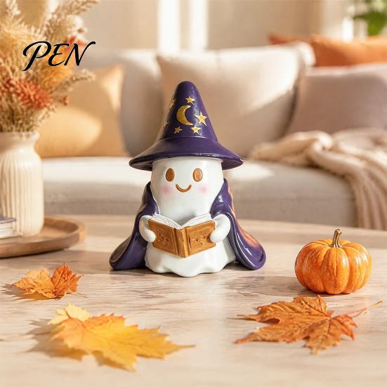 Spooky Home Decor Lighted Ghost Figurine, Resin Wizard Statue with LED Light, Cute Holiday Figurine Reading Book Night Light for Halloween Desktop