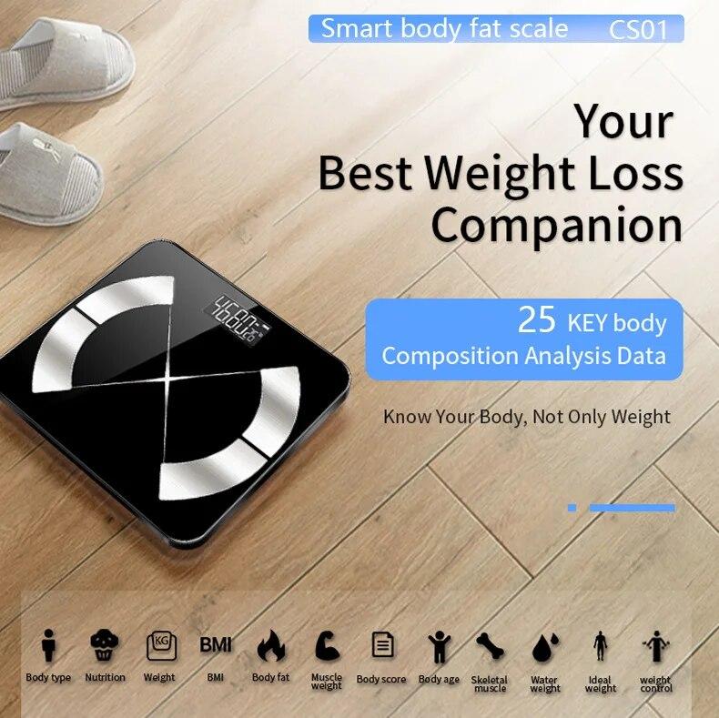 Váha tělesného tuku Chytrá bezdrátová digitální váha do koupelny Analyzátor složení těla s aplikací pro chytré telefony kompatibilní s Bluetooth