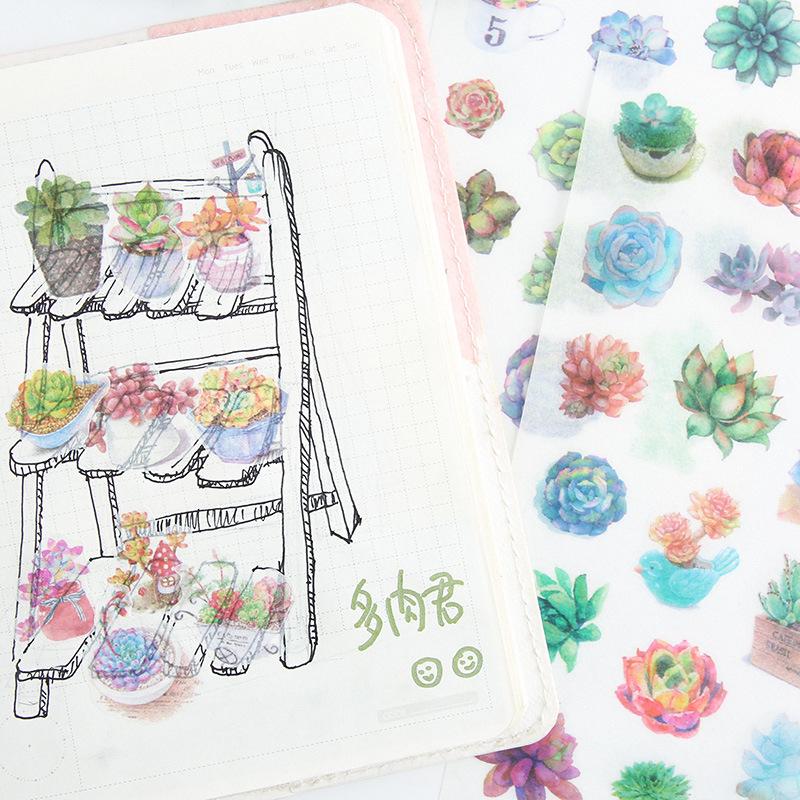 6Sheets/Pack Kawaii Succulent Plants Decoration Scrapbooking Stickers Transparent PVC Stationery Diary Stickers