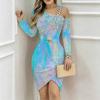 Women Plus Size Asymmetric Cold Shoulder Long Sleeve Purple Gold Agate Print Irregular Wrap Bodycon Midi Dress