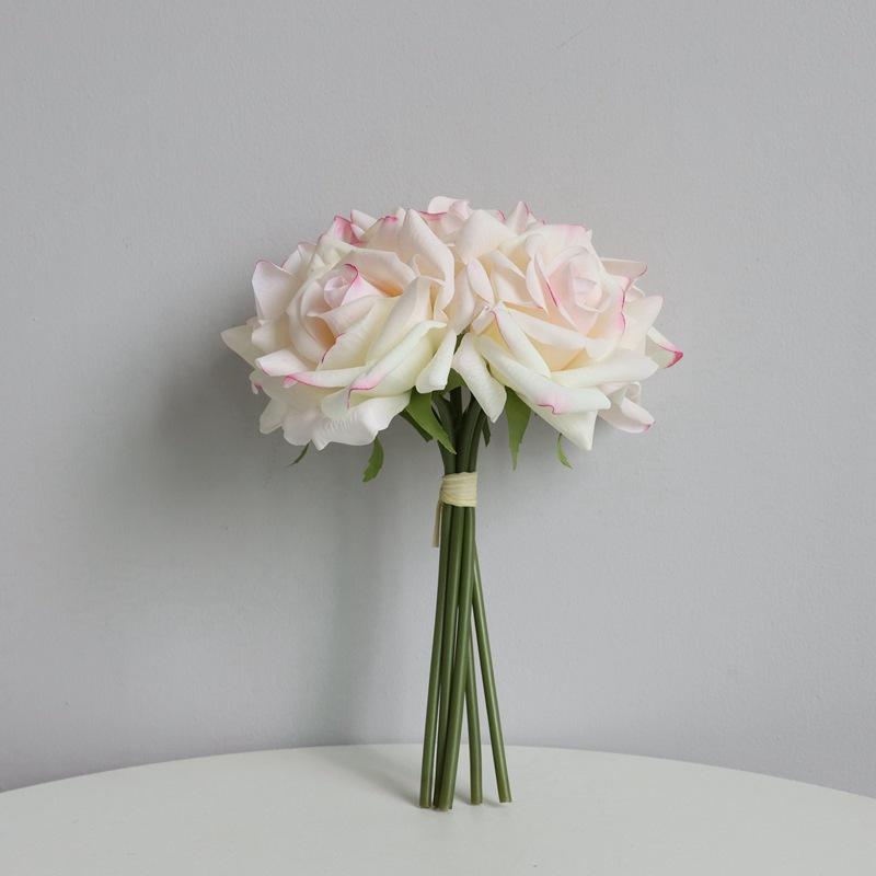 High-end moisturizing feel simulation flower 5 heads crimped rose fake bouquet wedding hand holding moisture plastic decoration