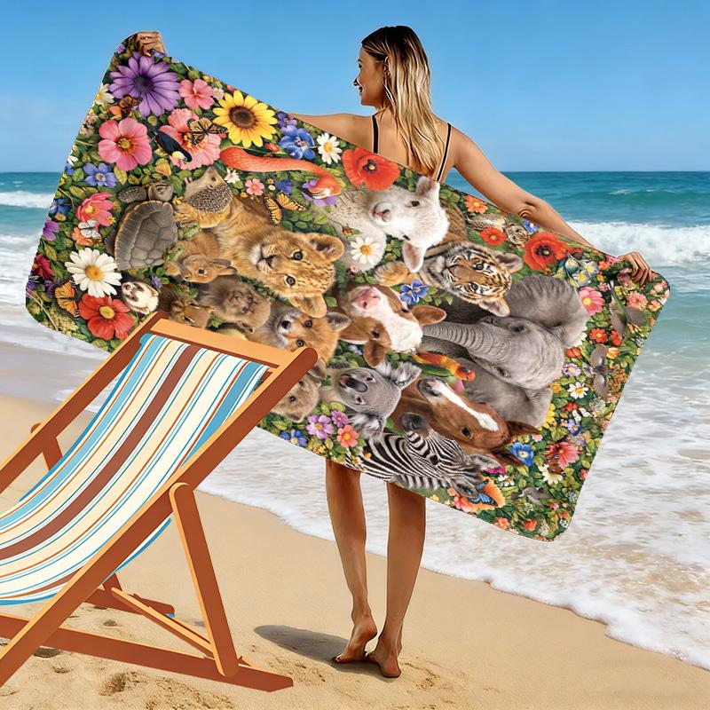Floral Animals Print Beach Towel, Large Soft Quick Dry Towel for Beach Camping Swimming