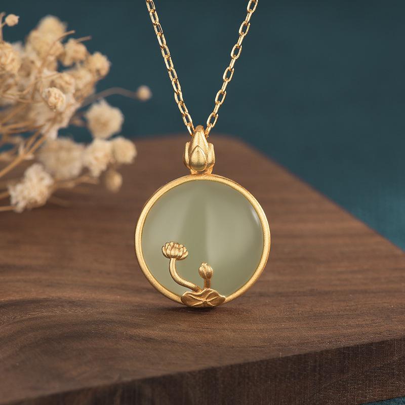 

Hanfu Lotus Pendant: Blue Jade & Gold-Plated Necklace