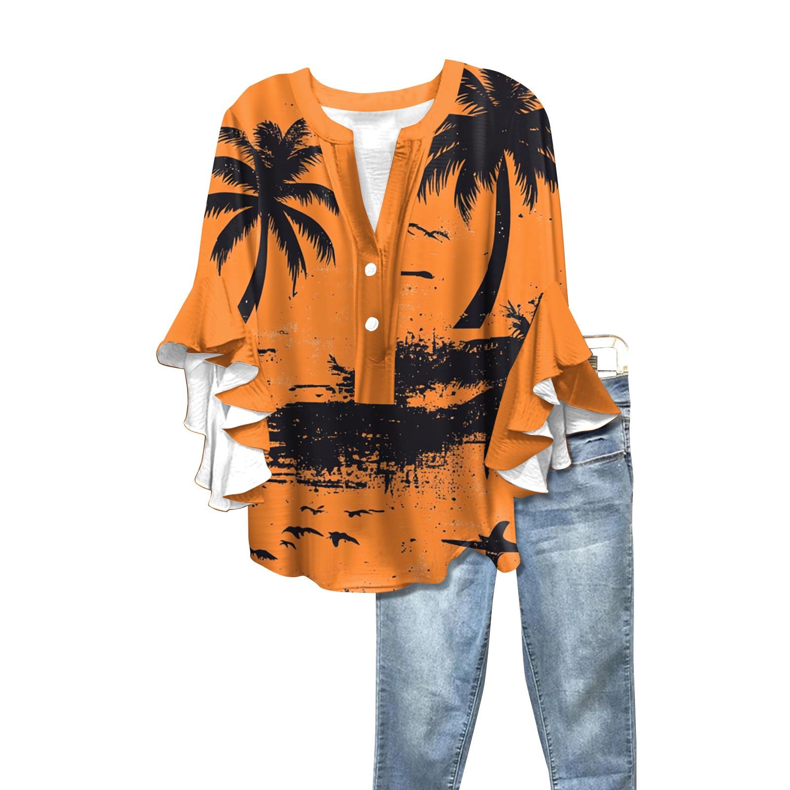 Summer Women s Tops V-Neck Seven Sleeve Shirt Spring Summer Floral Printed Tops Casual Shirt L оранжевый