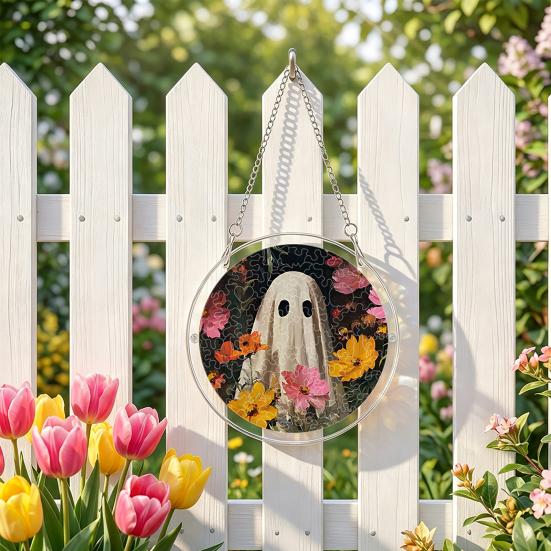 Durable Acrylic Halloween Suncatcher Jigsaw Puzzle Set, Spooky Ghost Floral Meadow Window Hanging Ornament with Metal Porch Decoration Frame & Chain,