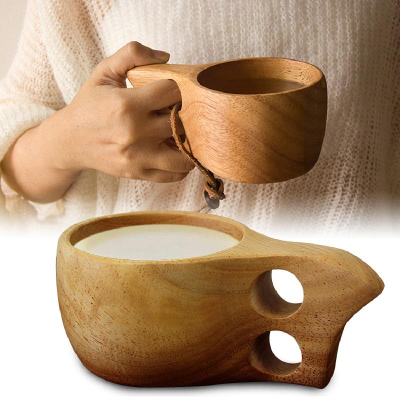 Handgefertigte nordische Holztassen Tragbare Kuksa mit Lanyard Kaffeetasse Milchtasse 250ml Tee Kaffee Trinkbecher Holz Kaffeetasse