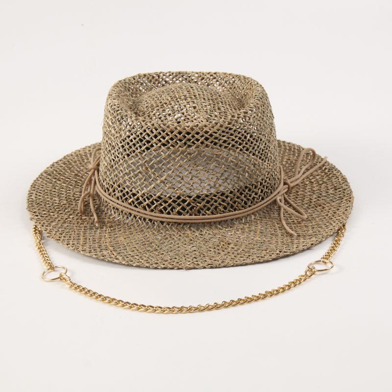 

202405-2508751 ins chic summer Natural salty grass Shell pin gold chain fashion women fedoras cap leisure panama JAZZ hat head size 57cm