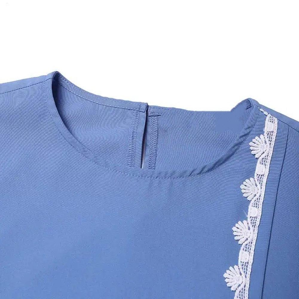 Muslim Women's Solid Color Lace Trim Casual Dress with Long Sleeves