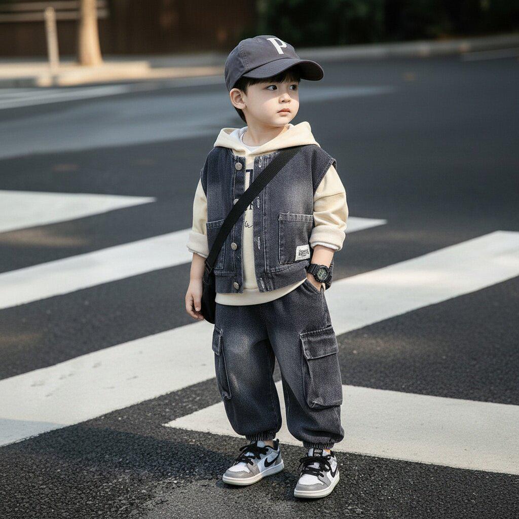 Koreanischer Stil Jungen Frühling/Herbst 2026 Jeansweste 3-teiliges Set - Cooles und hübsches Hemd für Kinder