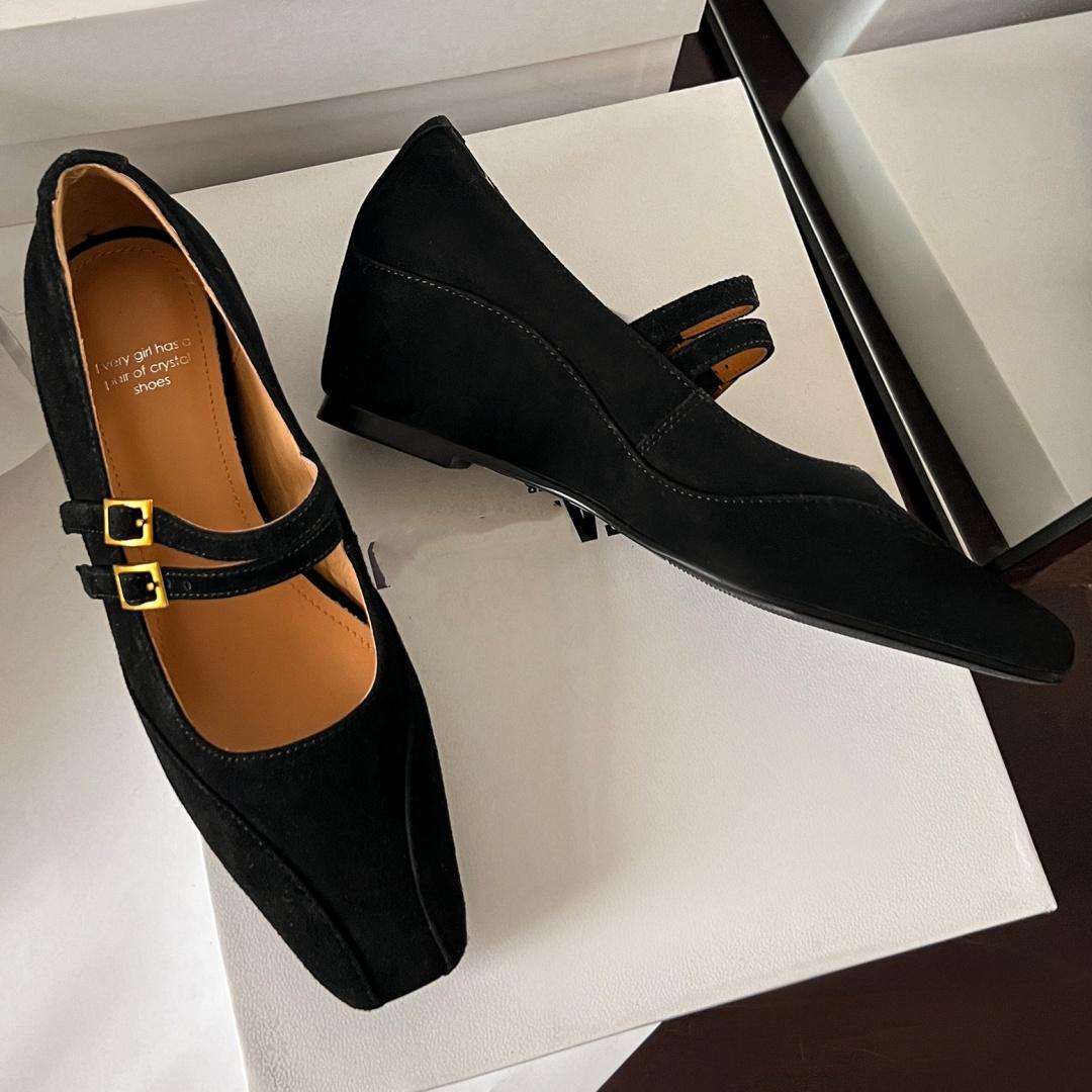 

Женские туфли-лодочки Мэри Джейн из натуральной замши с двойной металлической пряжкой, на танкетке 5 см, со средним каблуком, с квадратным носком, элегантная женская повседневная обувь 35 чёрный