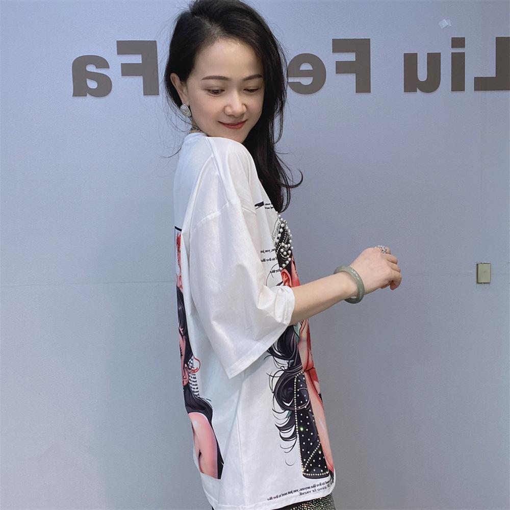 Summer Short Sleeve T-Shirts Women Summer O Neck Cartoon Girl Printed Diamonds Beading Casual Oversized T Shirt Lady Clothes